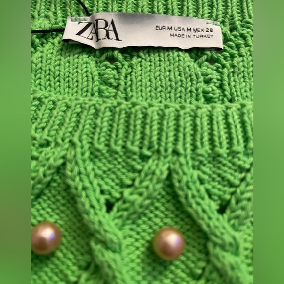 Zara Green Cropped Pearl Knit Sweater Top Clueless Preppy Fall Winter Y2K Style - Picture 7 of 10